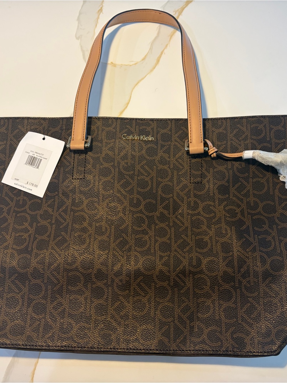Calvin Klein Brown Monogram Tote with Tan Handles